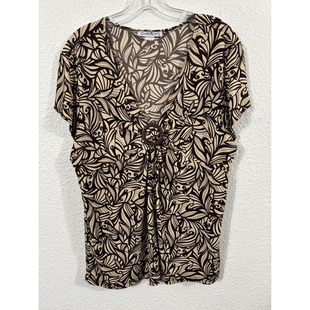 Vintage Claudia Richard Shirt Womens Large Brown Beige Leaf Print Y2K Boho Top